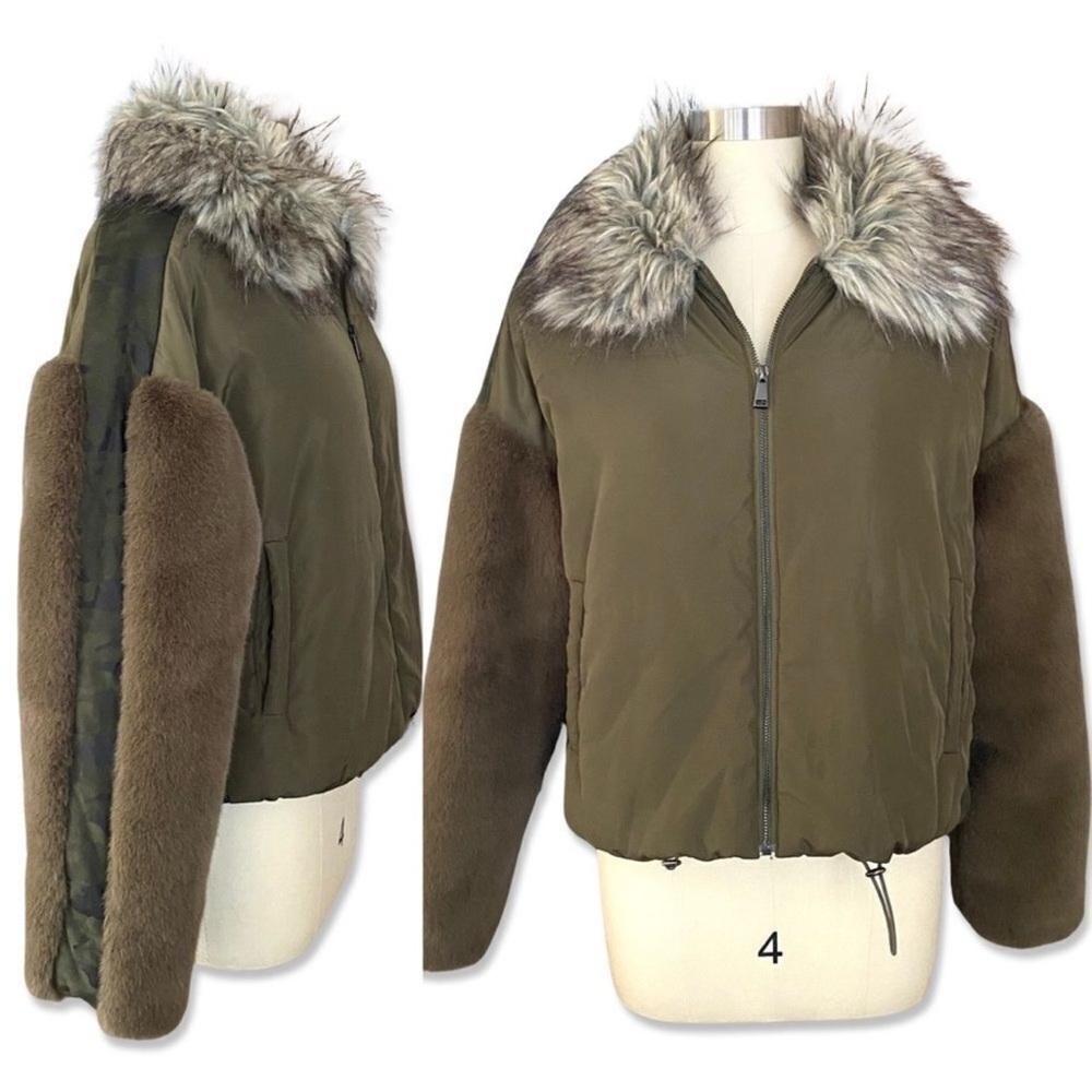 Adrienne Landau Olive Green Puffer Jacket with Faux Fur Trim